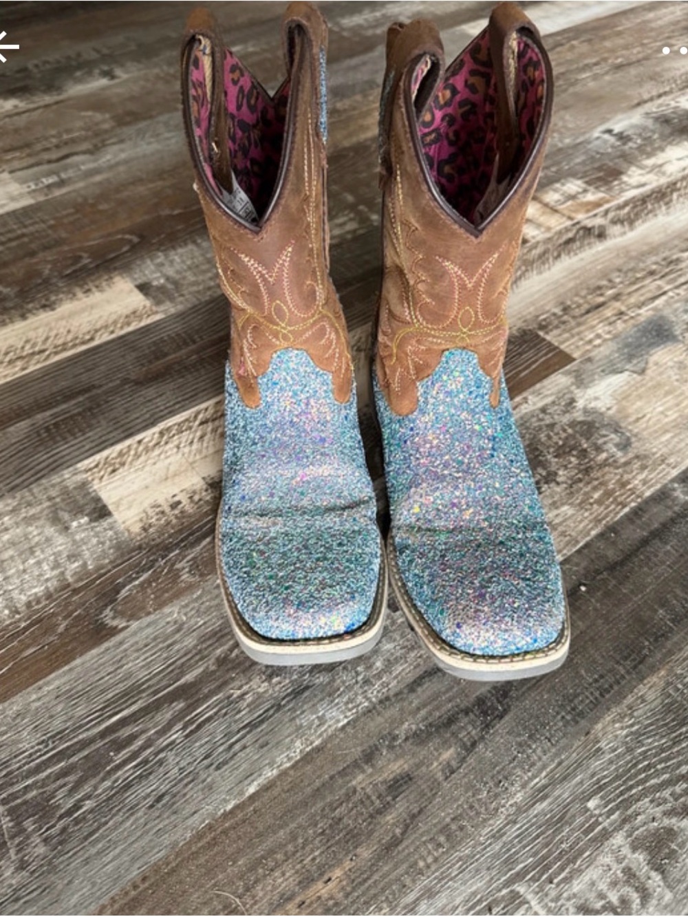 Kids Brown Western Boots with Iridescent Blue Glitter Toe